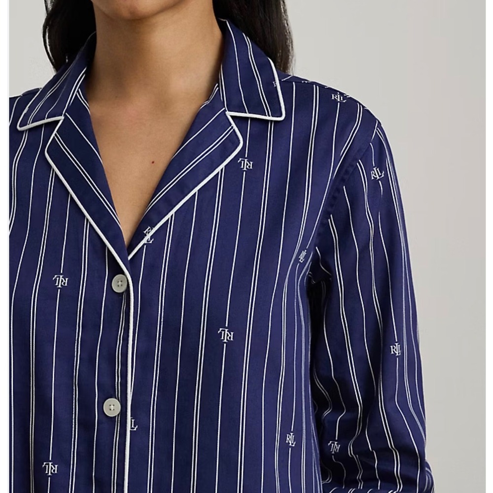 Lauren Ralph Lauren Womens Navy Striped Monogram Pajama Top Sleep Shirt Large